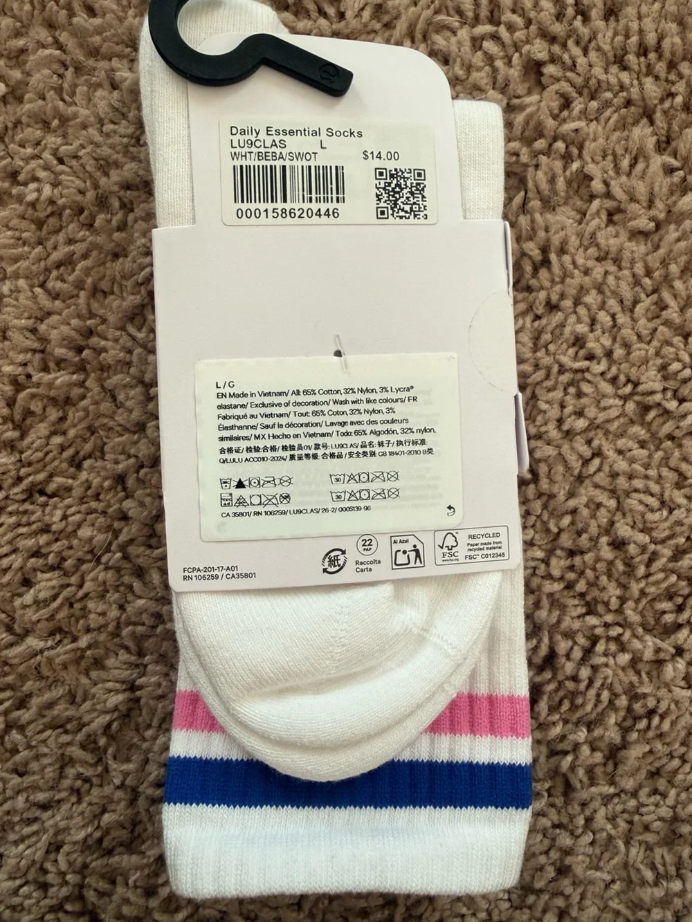 lululemon athletica White Crew Socks with Pink & Blue Stripes